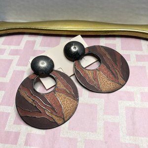 Vintage Earring Oversized Abstract Textured Neutral Dangle Pierced Ears 70s 80s